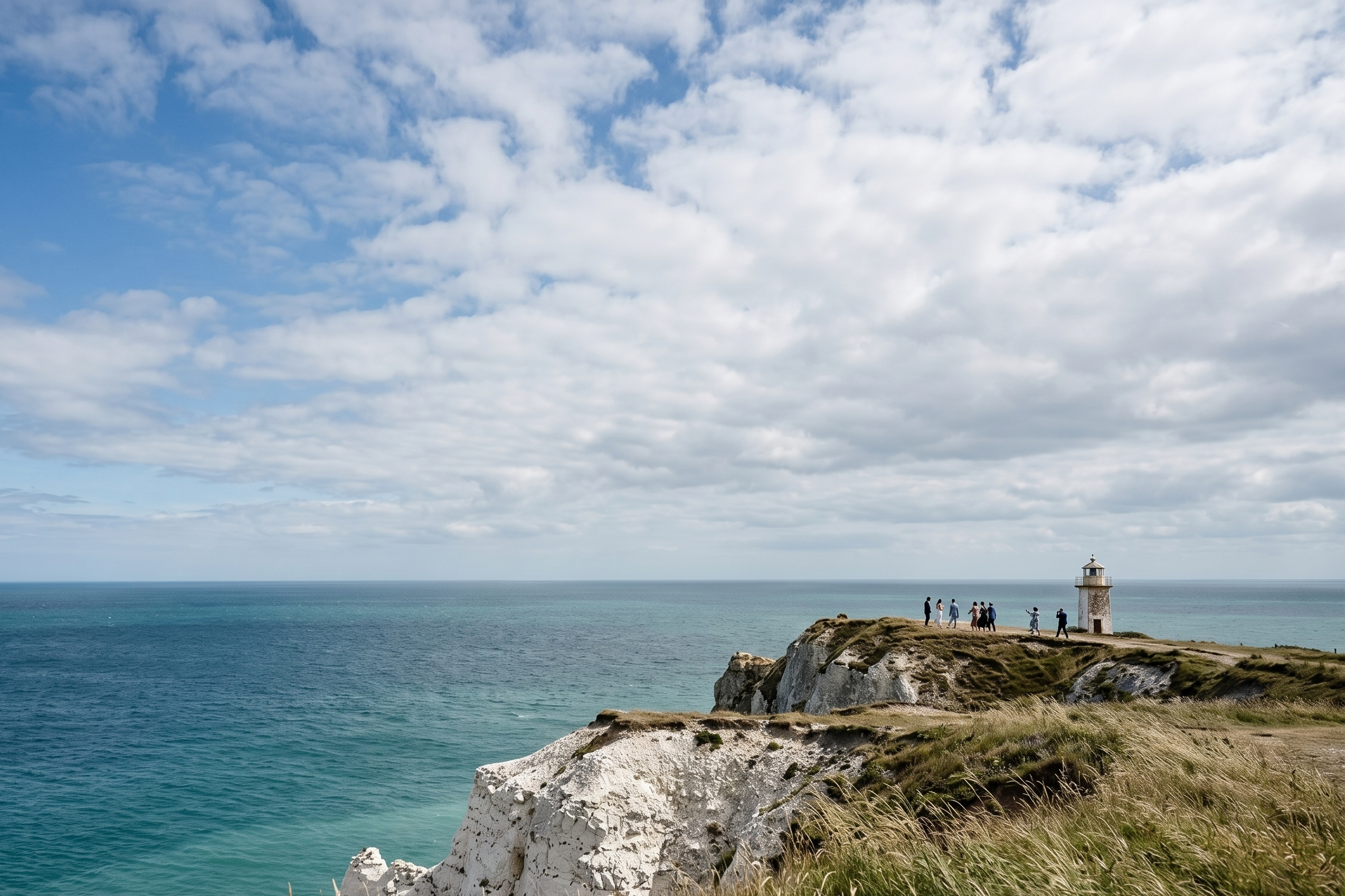 A lighthouse on white cliffs above the sea