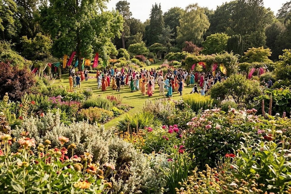 A colourful celebration in a flower garden, full of guests