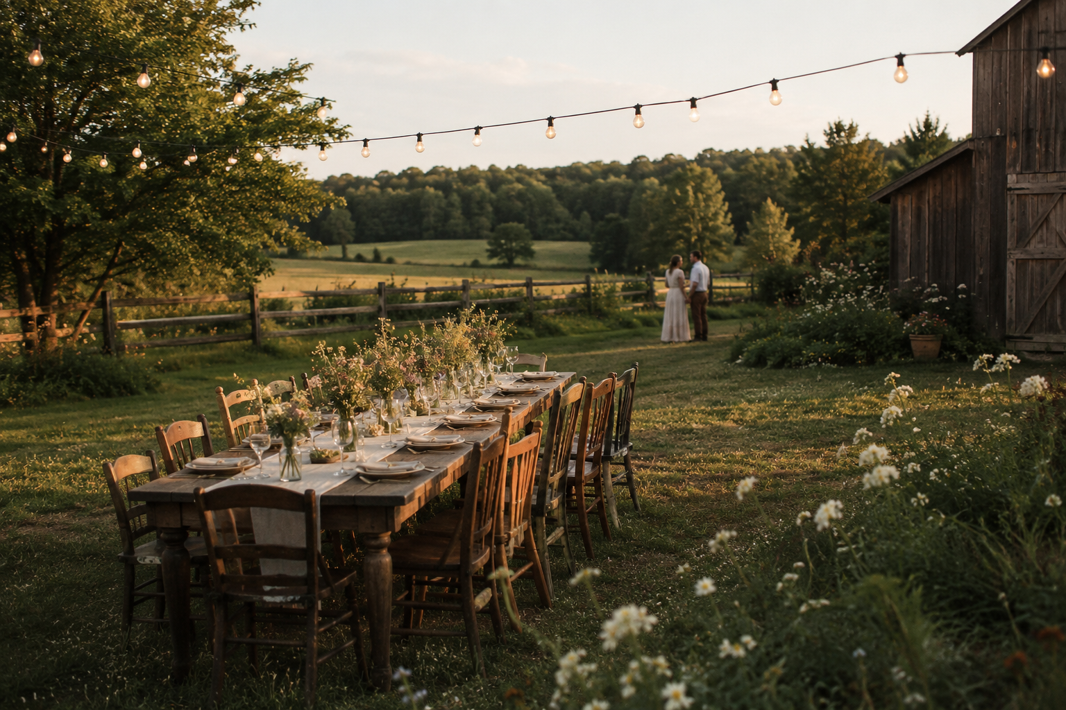 A long farm table under string lights at dusk, set among wildflowers