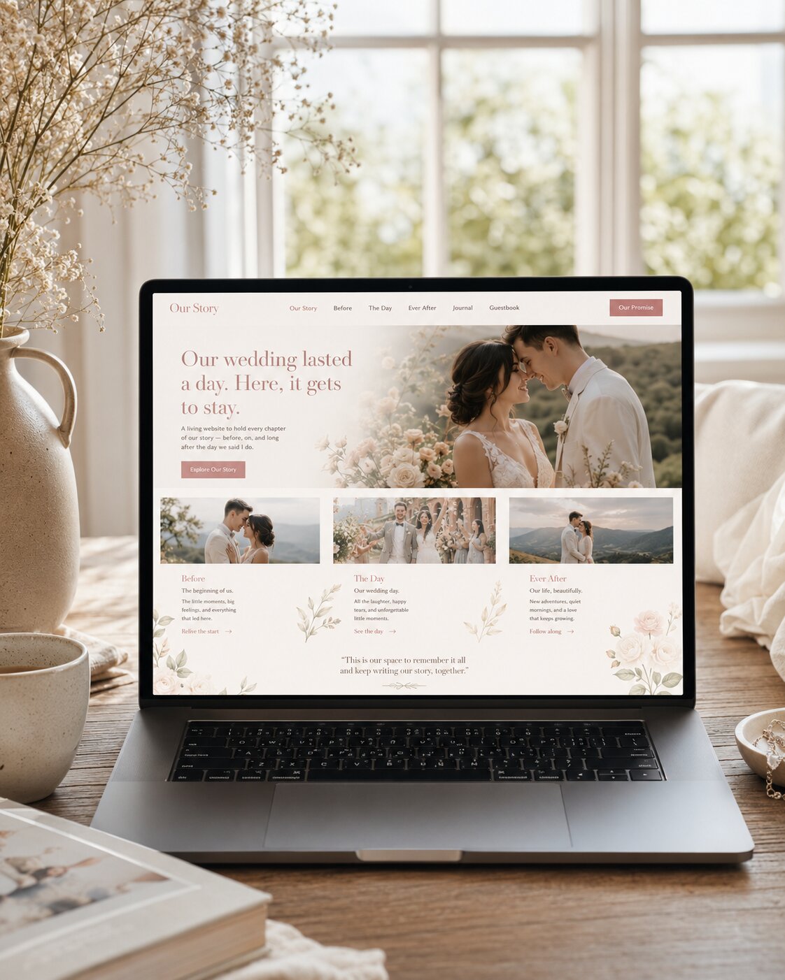 A laptop showing a couple's story website, resting among dried flowers in soft morning light