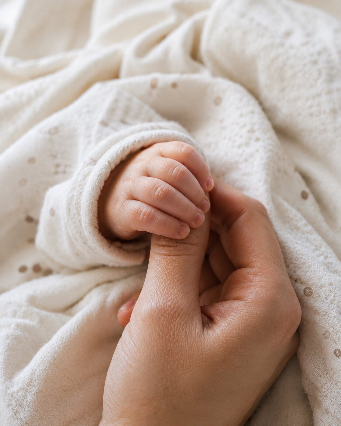 A newborn's hand holding a parent's finger