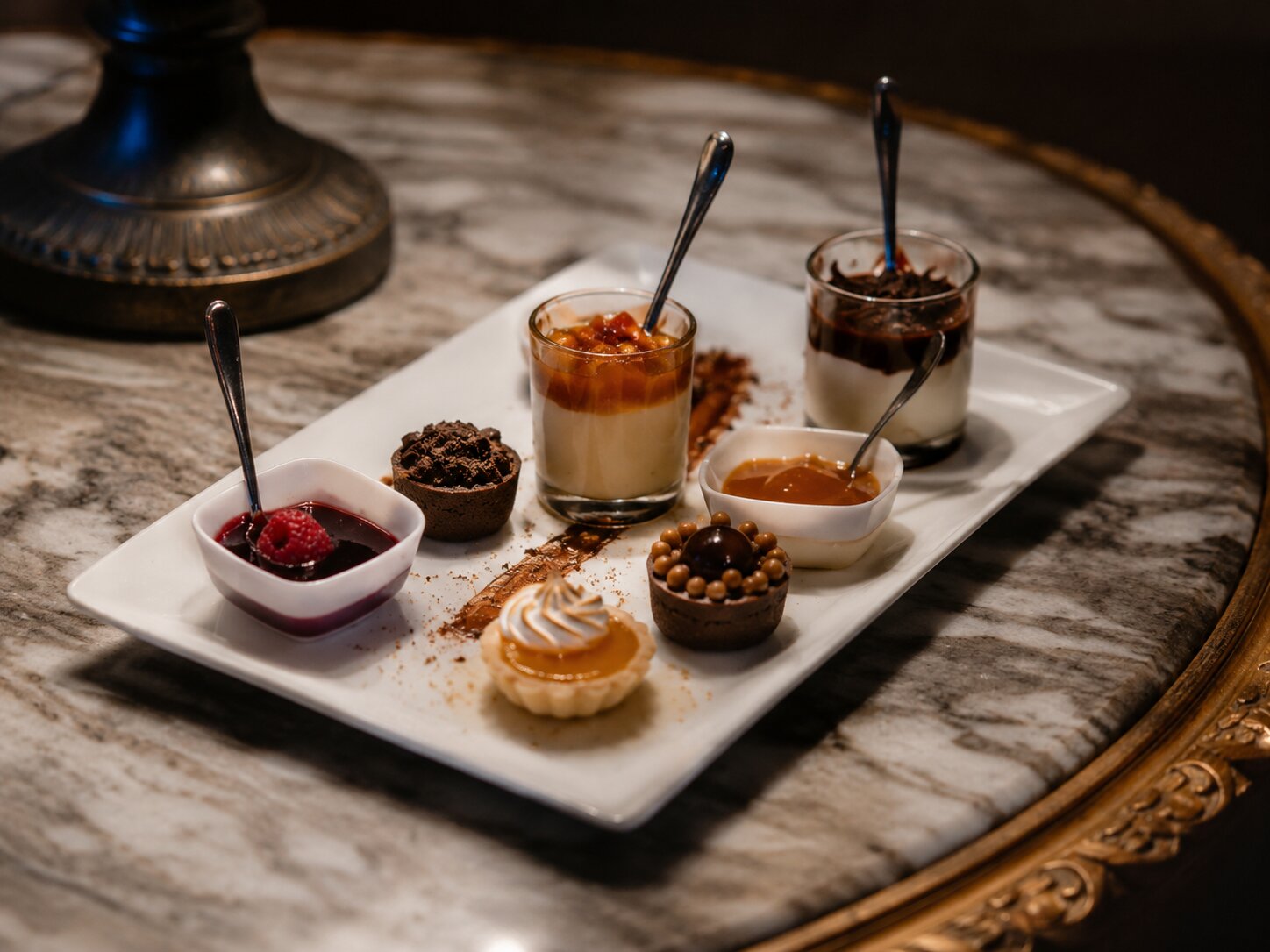 The dessert course up close — small tarts, panna cotta, pots of caramel and a raspberry on a white plate