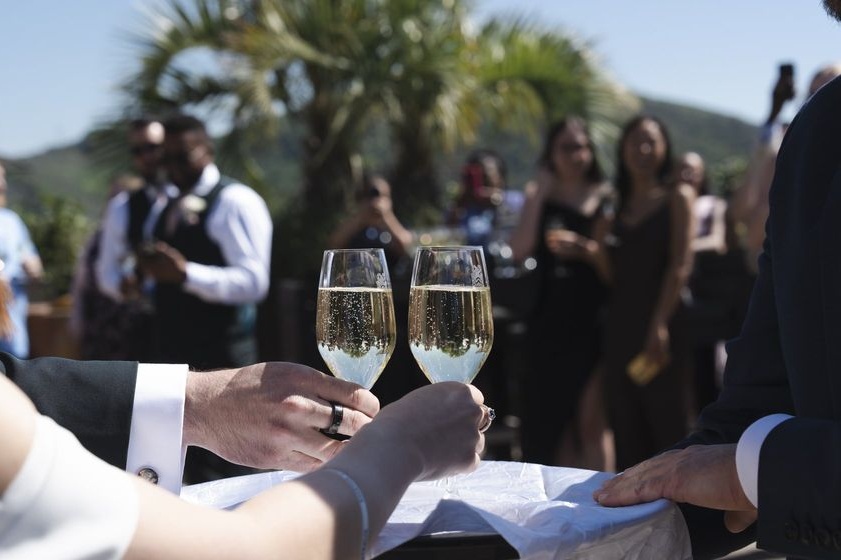 A close toast — the couple clinking two glasses of sparkling wine, both wearing wedding rings, guests blurred in the sun behind