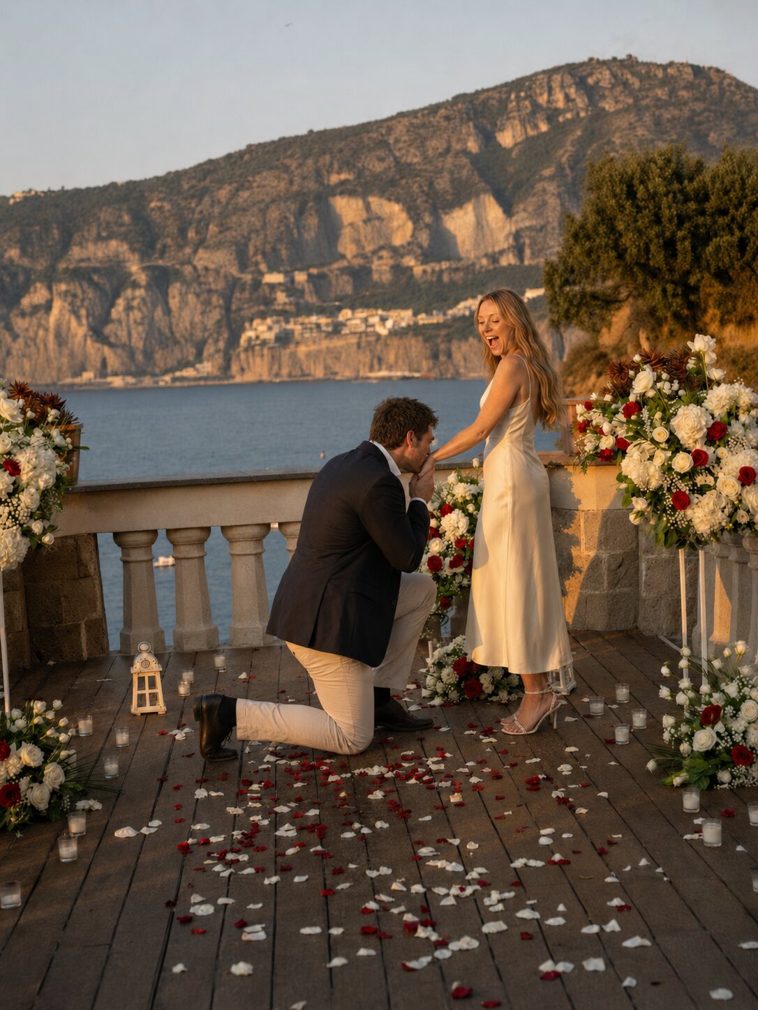 Mateo on one knee on a terrace above the sea in Sorrento at golden hour, kissing Élise's hand, rose petals and candles across the boards